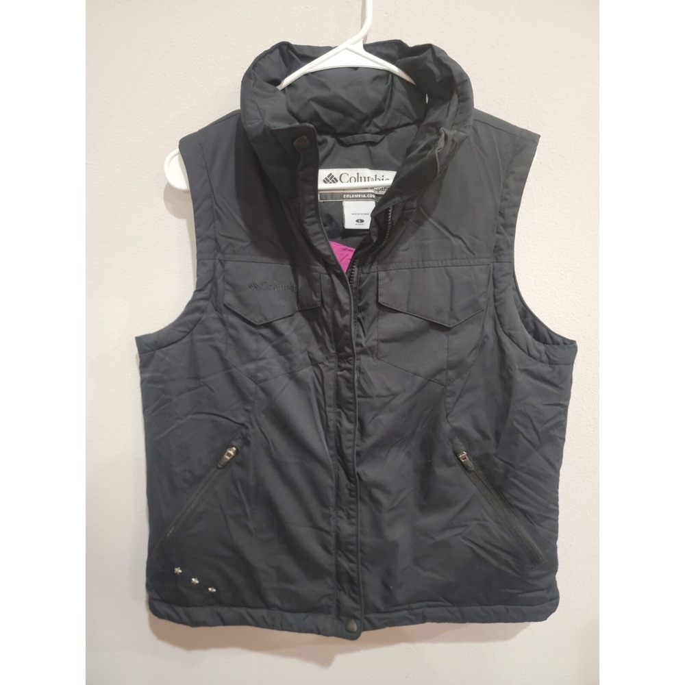 Columbia Down Filled Puffer Vest Jacket Black Pink Full Zip Women's Size L